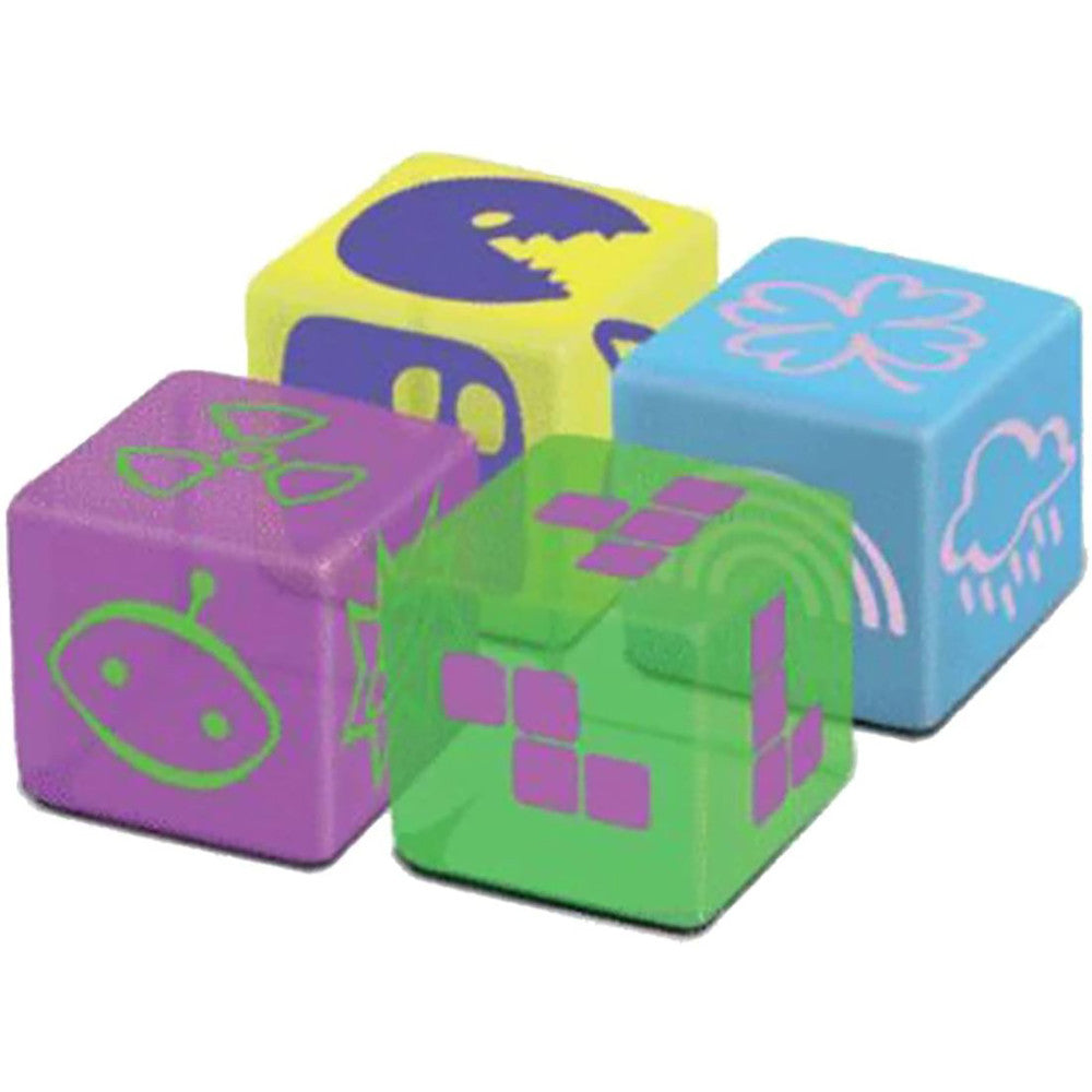 Four colorful foam dice in purple, green, yellow, and blue with purple, pink, and green symbols including smiley faces, butterflies, and geometric patterns