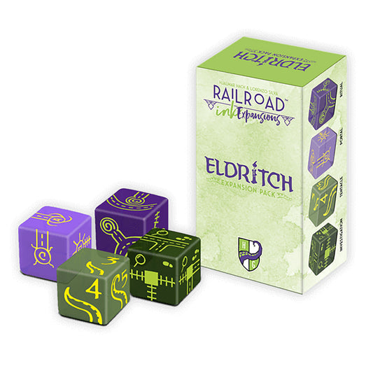 Railroad Ink: Eldritch Expansion box with purple, dark blue, and green dice featuring yellow symbols and designs