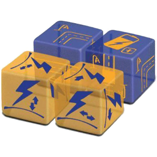 Railroad Ink Electricity Expansion Pack showing four blue and yellow game dice with lightning bolt symbols