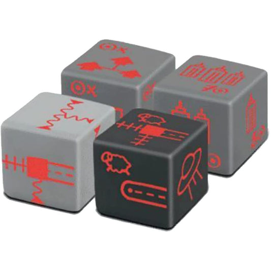 Four colorful dice from Railroad Ink Futuristic Expansion Pack with red symbols and icons on gray and black surfaces