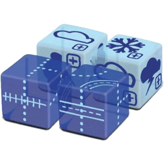 Railroad Ink: Sky Expansion Pack dice set with light blue and dark blue dice featuring cloud, snowflake, and airline symbols