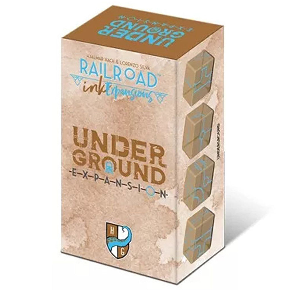 Railroad Ink: Underground Expansion board game box showing tan cardboard packaging with blue text and four expansion modules visible on the side