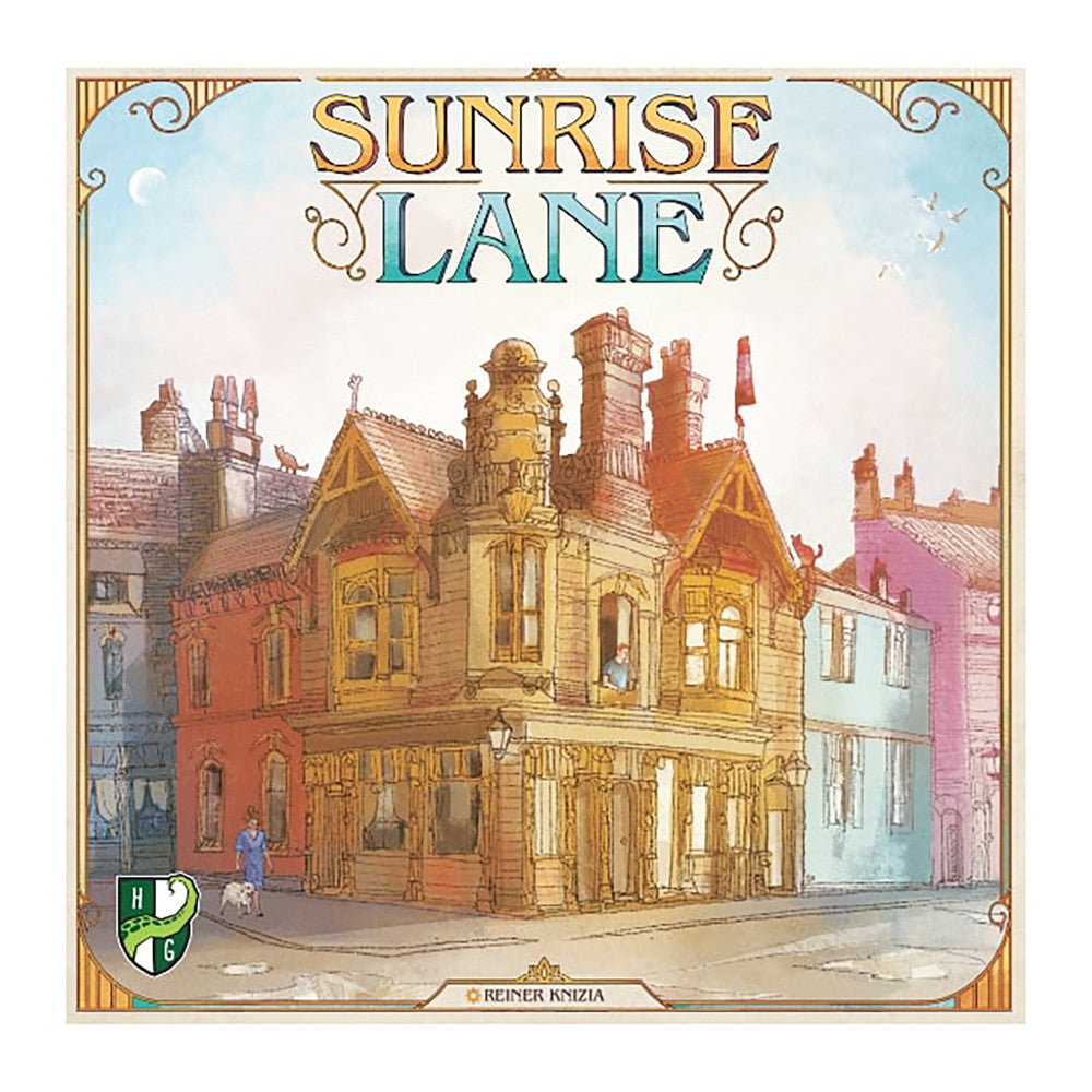 Sunrise Lane Strategy Board Game box cover featuring illustrated Victorian-era buildings in warm tones with ornate gold border and title text