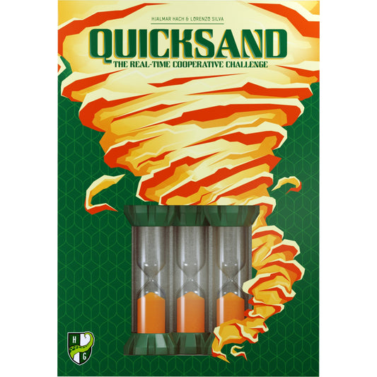 Quicksand board game box cover featuring illustrated sand pouring from a container with orange and yellow layers, designed by Hjalmar Hach & Lorenzo Silva