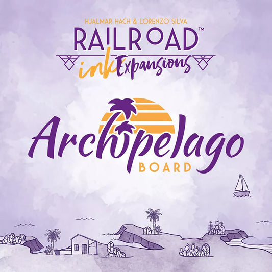Railroad Ink Archipelago Expansion Board Game box art featuring purple and orange text with tropical island scenery and sailboat illustrations