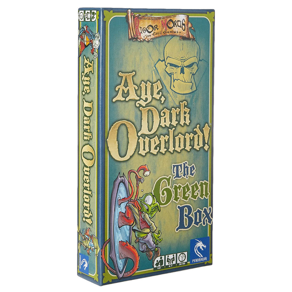 Aye, Dark Overlord! The Green Box board game box featuring a skull, evil wizard character, and fantasy-themed artwork with gold lettering on teal and yellow bac