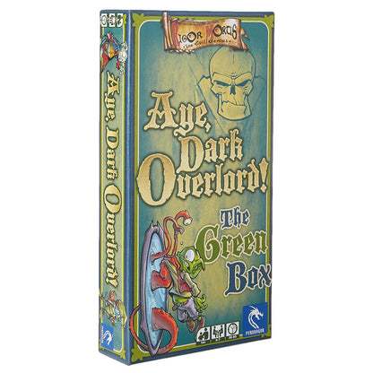 Aye, Dark Overlord! The Green Box board game box featuring a skull, evil wizard character, and fantasy-themed artwork with gold lettering on teal and yellow bac