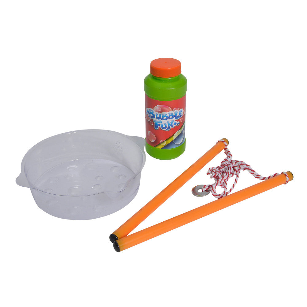 Bubble string game set with clear plastic bowl, green bottle of bubble solution with orange cap, and two orange handles connected by red and white twisted cord