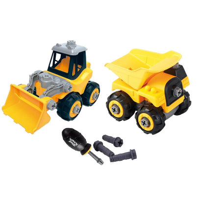 Two yellow construction vehicles with black wheels and gray/orange accents, plus screwdriver and wrench tools, displayed on white background