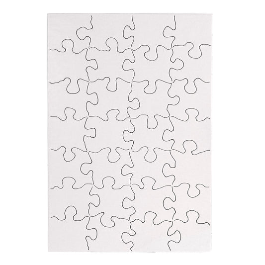 Blank 28-piece rectangle jigsaw puzzle template with interlocking pieces outlined in black on white paper