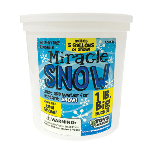 Miracle Snow instant snow kit in white 1lb bucket with blue and yellow label showing snowflakes, text reads 'makes 5 gallons of snow' and 'just add water for in