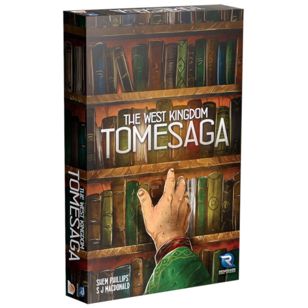 West Kingdom Tomesaga board game box featuring illustrated bookshelves and a hand reaching for books, designed by Sueh Phillips and S J Macdonald