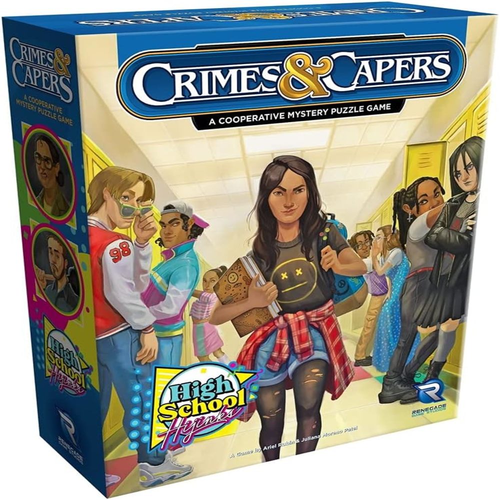 Crimes & Capers: High School Hijinks board game box showing illustrated characters in a school hallway setting with the tagline 'A Cooperative Mystery Puzzle Ga