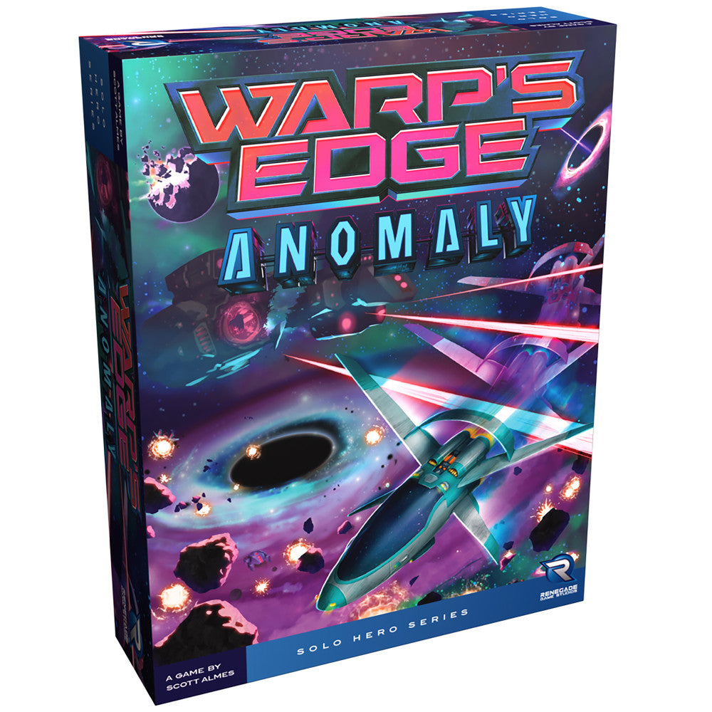 Warp's Edge: Anomaly board game box featuring neon pink and blue sci-fi artwork with spacecraft, asteroids, and cosmic phenomena on dark starfield background