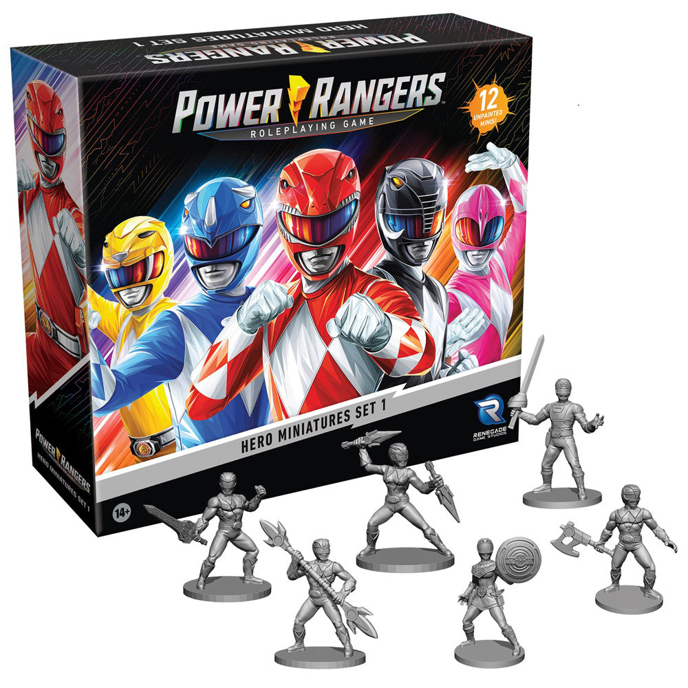 Power Rangers Roleplaying Game Hero Miniatures Set 1 box with 12 unpainted gray figurines displayed in front, showing ranger characters in various action poses