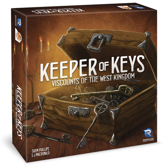 Keeper of Keys board game box featuring an open wooden chest filled with ornate metal keys and medieval-themed treasures on a brown background