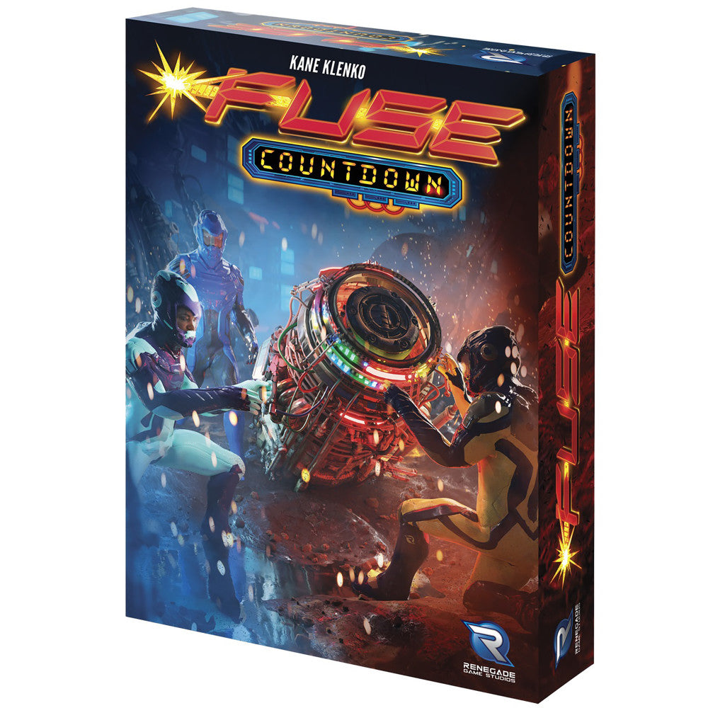 FUSE Countdown board game box featuring sci-fi characters and a glowing red device, designed by Kane Klenko