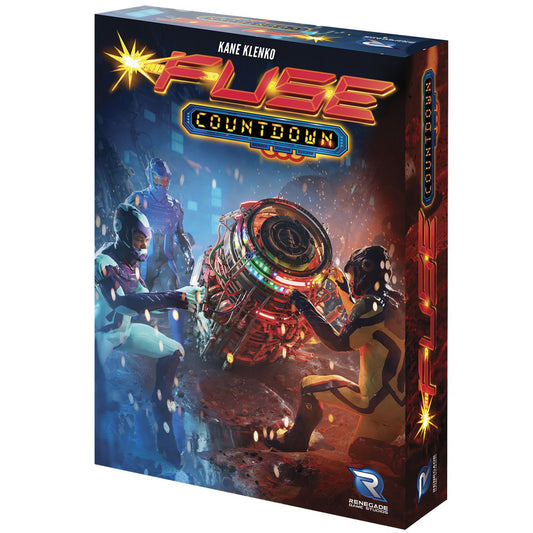 FUSE Countdown board game box featuring sci-fi characters and a glowing red device, designed by Kane Klenko