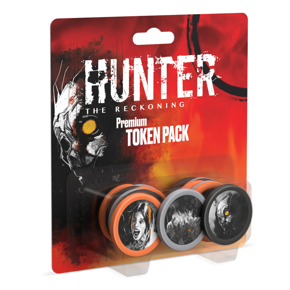 Hunter: The Reckoning Premium Token Pack packaging with red background, skull imagery, and three circular game tokens in orange and gray