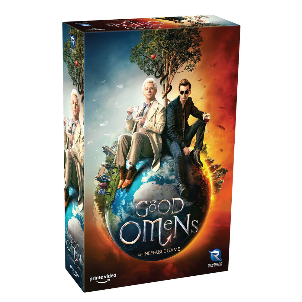 Good Omens: An Ineffable Game board game box featuring two men seated on a globe with contrasting blue and fiery orange backgrounds, trees overhead, and Prime V