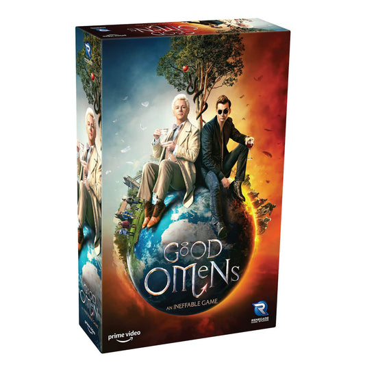 Good Omens: An Ineffable Game board game box featuring two men seated on a globe with contrasting blue and fiery orange backgrounds, trees overhead, and Prime V