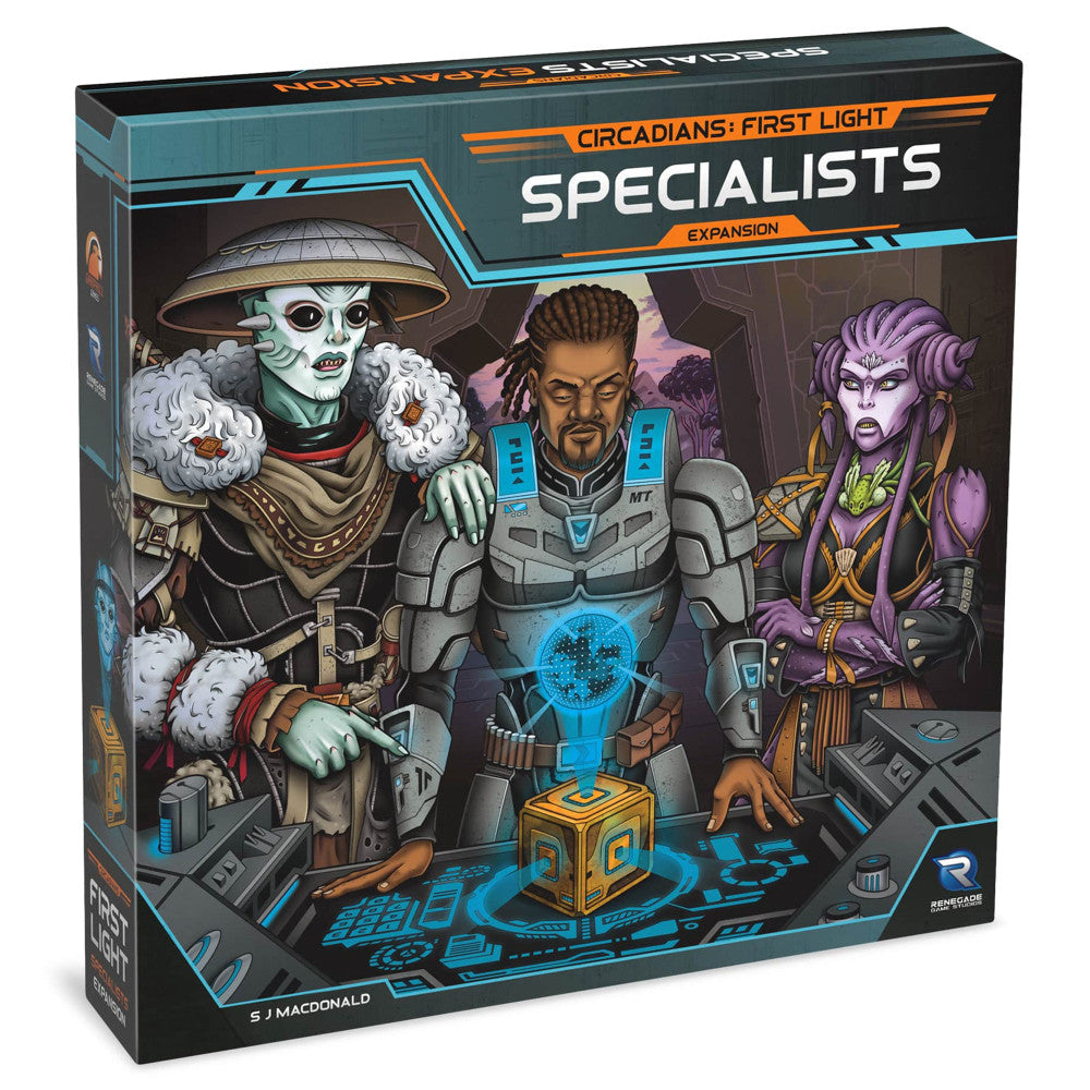 Circadians: First Light Specialists Expansion board game box featuring sci-fi alien characters in futuristic armor and a glowing cube on dark background