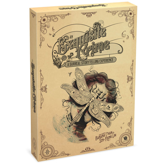 An Exquisite Crime card game box with cream-colored packaging featuring ornate Victorian-style illustrations, decorative borders, and a surreal figure with butt