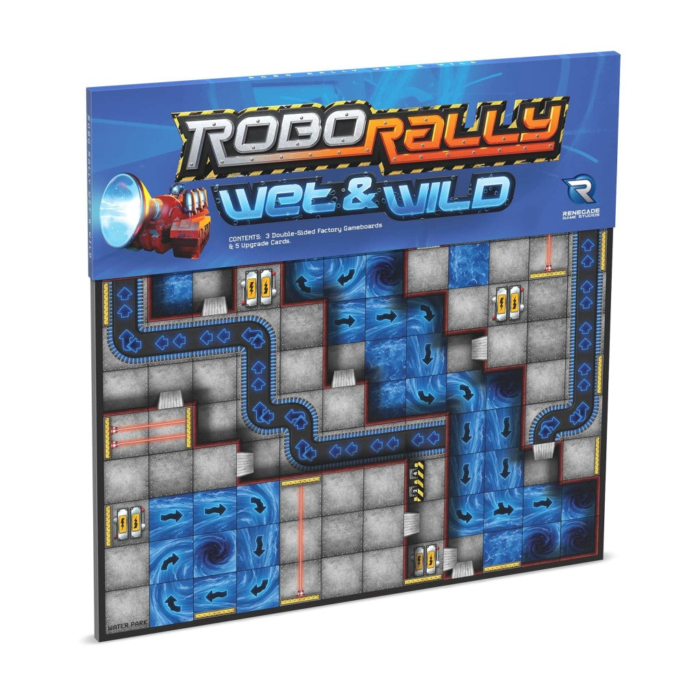 Robo Rally: Wet & Wild Expansion Board Game box showing double-sided gameboards with water park and industrial themes featuring blue water tiles and gray concre