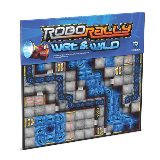 Robo Rally: Wet & Wild Expansion Board Game box showing double-sided gameboards with water park and industrial themes featuring blue water tiles and gray concre