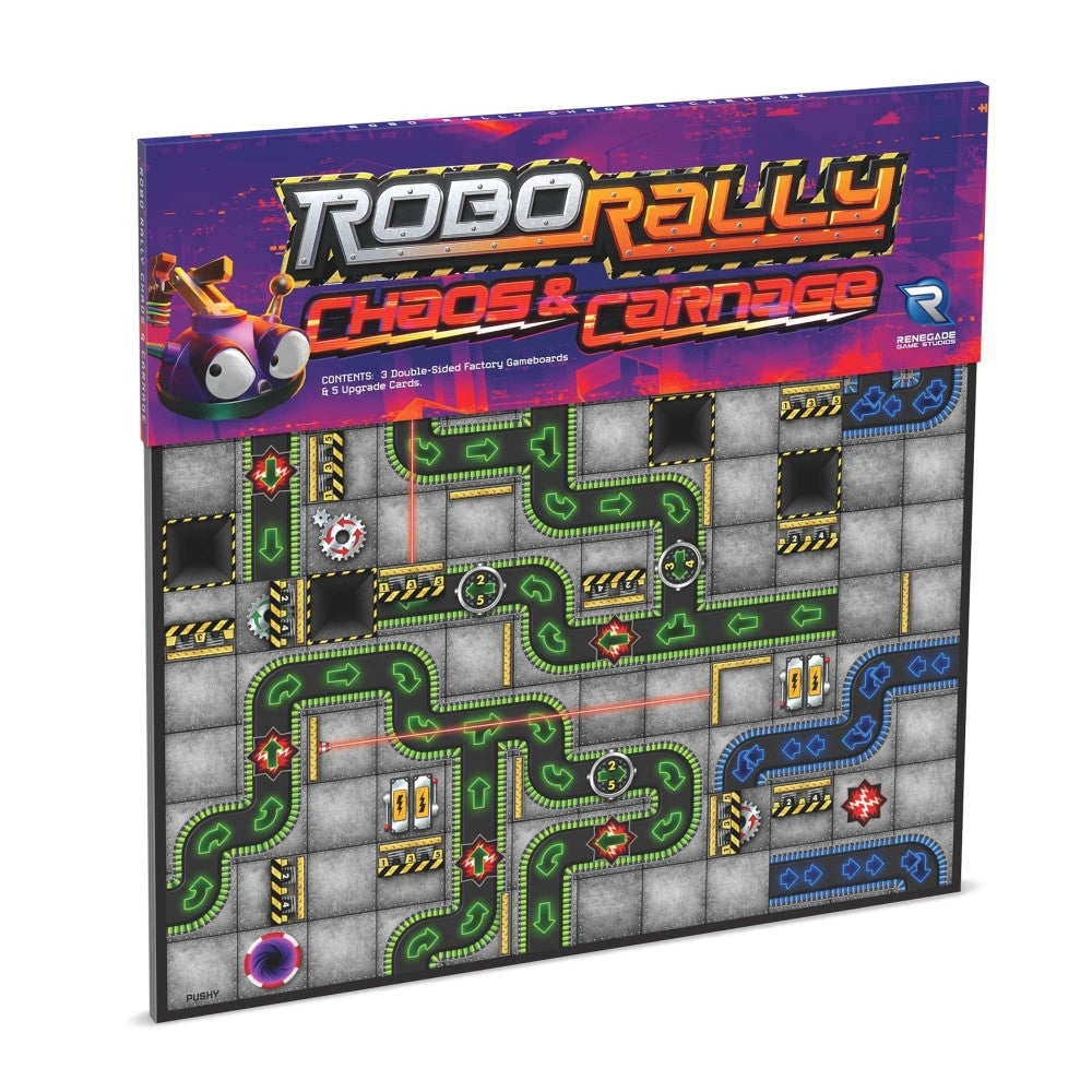 Robo Rally: Chaos & Carnage Expansion board game box showing purple packaging with robot character and colorful game board with green tracks, obstacles, and num