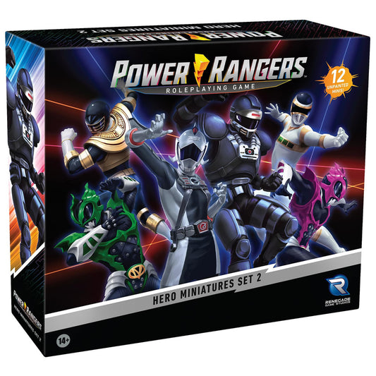 Power Rangers Roleplaying Game Hero Miniatures Set 2 box featuring 12 unpainted miniature figures in various ranger suits with colorful accents on black backgro