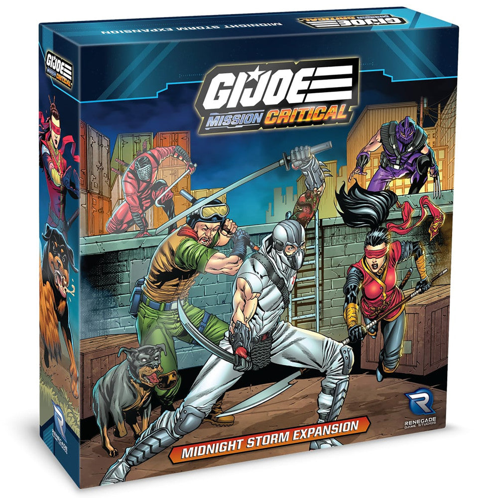 G.I. JOE Mission Critical: Midnight Storm Expansion board game box featuring illustrated action characters and a dog in combat poses on an urban street setting