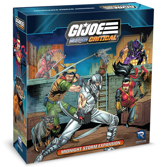 G.I. JOE Mission Critical: Midnight Storm Expansion board game box featuring illustrated action characters and a dog in combat poses on an urban street setting