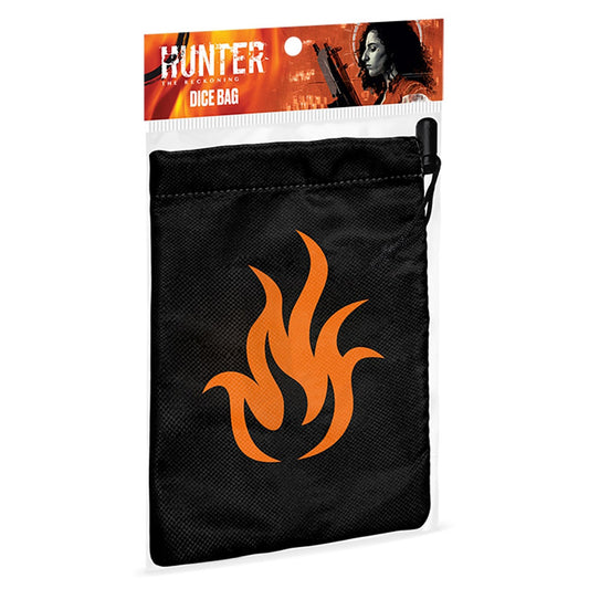 Black dice bag with orange flame design, Hunter: The Reckoning branding on header label, drawstring closure