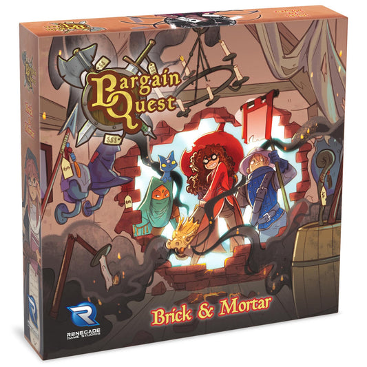 Bargain Quest: Brick & Mortar Expansion board game box featuring illustrated fantasy characters and medieval building setting