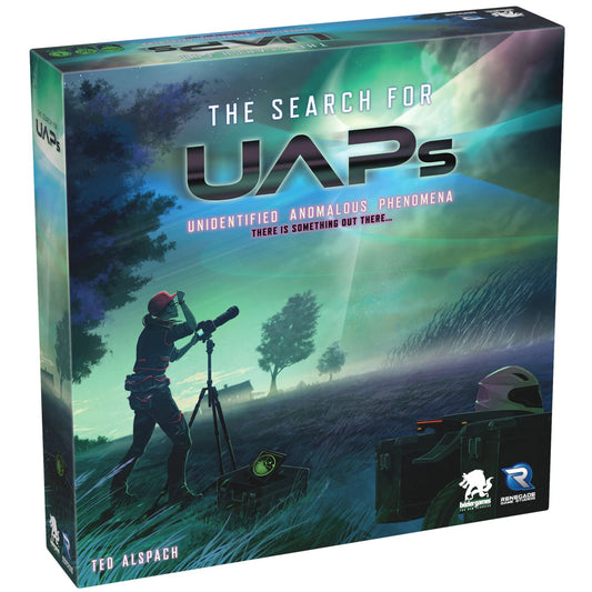 The Search For UAPs board game box featuring an illustrated figure with telescope scanning a night sky with green aurora lights and UFO imagery