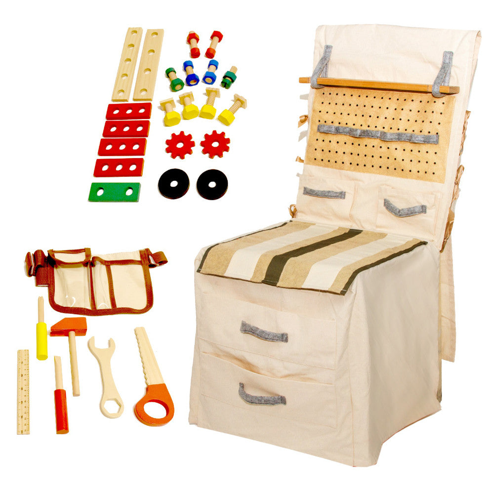 Wooden builder pretend play set with canvas storage organizer, including play tools, hardware pieces, tool apron, and pegboard with 39 pieces total