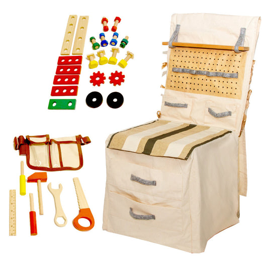 Wooden builder pretend play set with canvas storage organizer, including play tools, hardware pieces, tool apron, and pegboard with 39 pieces total