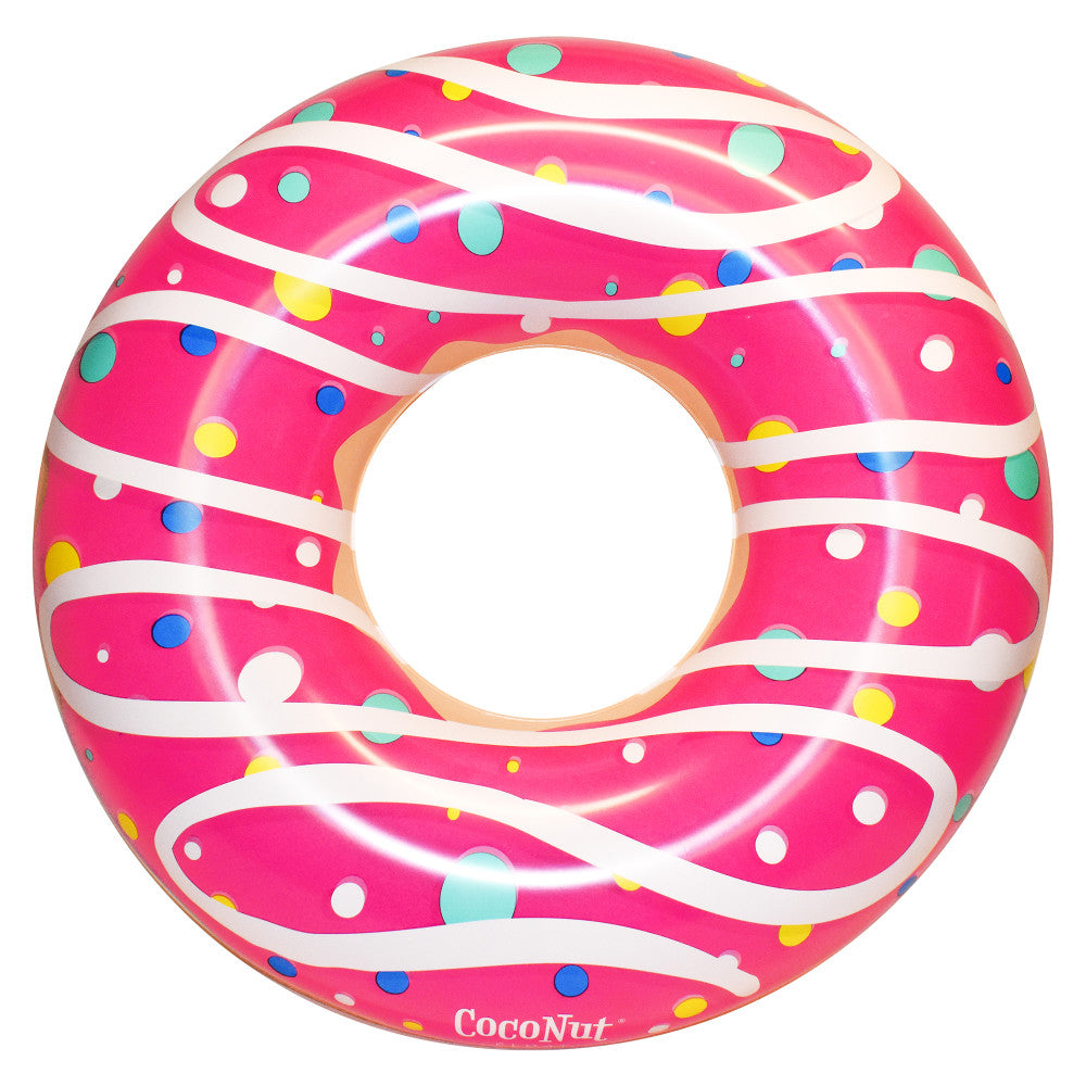 Pink inflatable pool ring shaped like a glazed donut with white icing drizzle and colorful sprinkles, 48 inches