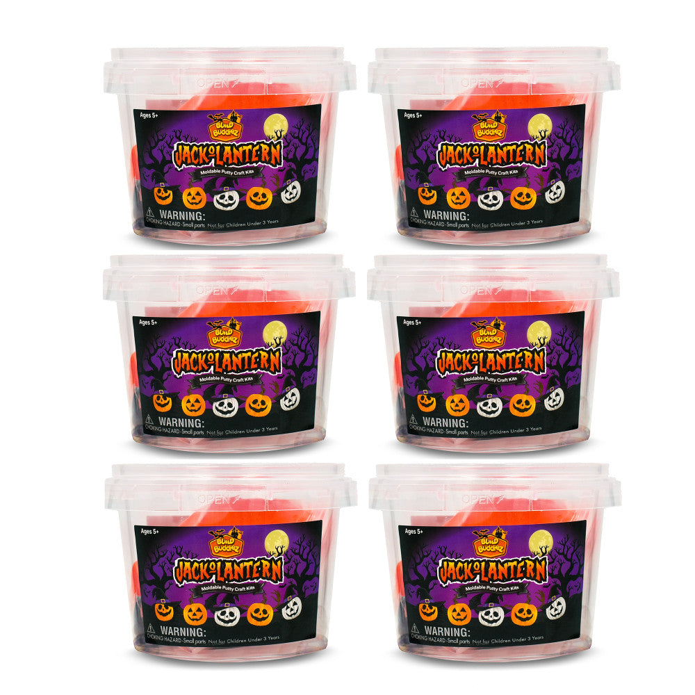 Six Build Buddiez Jack-O-Lantern Craft Kits arranged in a grid, each clear container filled with pink putty and featuring Halloween-themed label with pumpkin fa