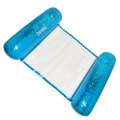 Blue glitter inflatable pool lounger with white mesh center and cylindrical arm floats