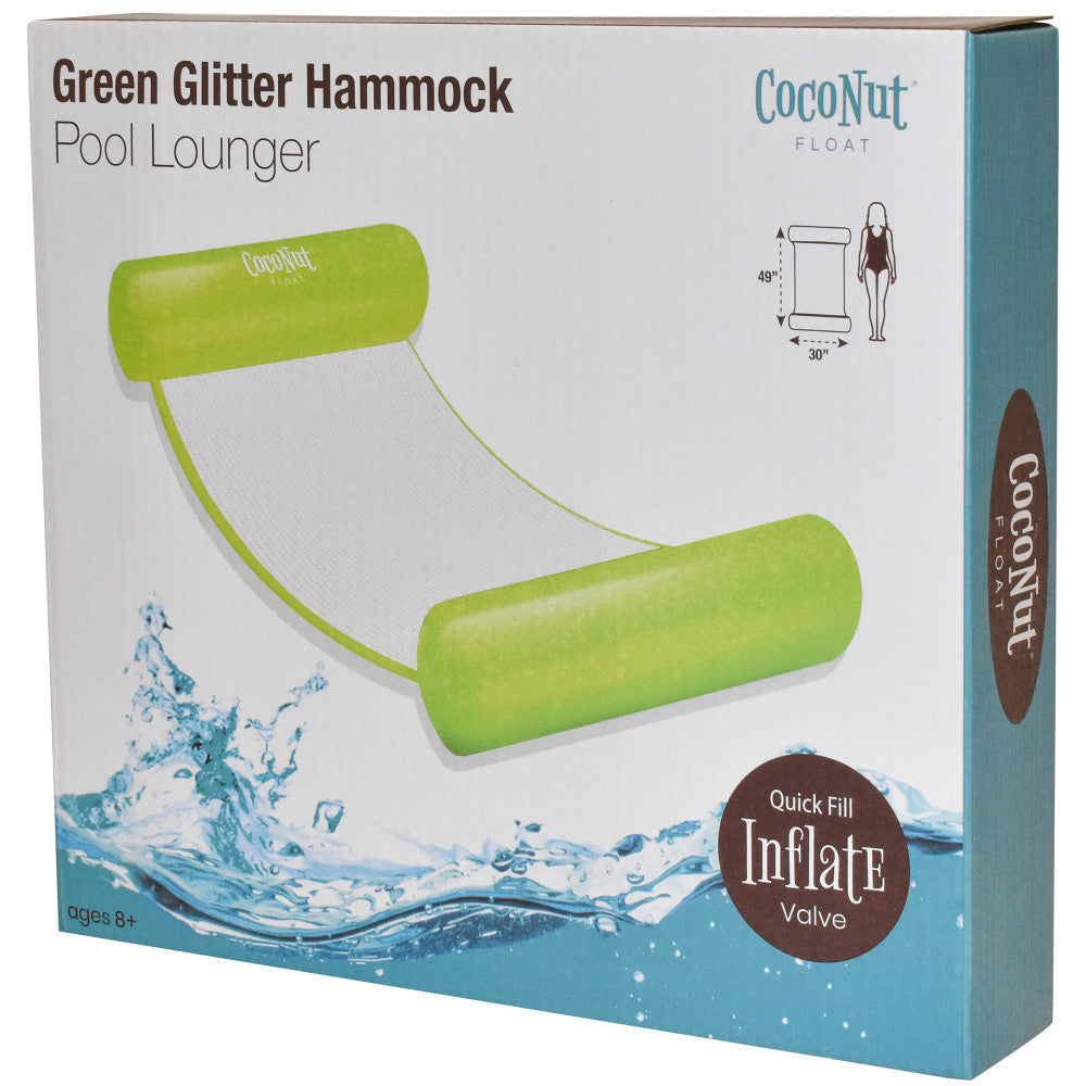 Green Glitter Hammock Pool Lounger package showing lime-green inflatable float with mesh hammock seat, dimensions 49" x 30", featuring quick-fill inflate valve
