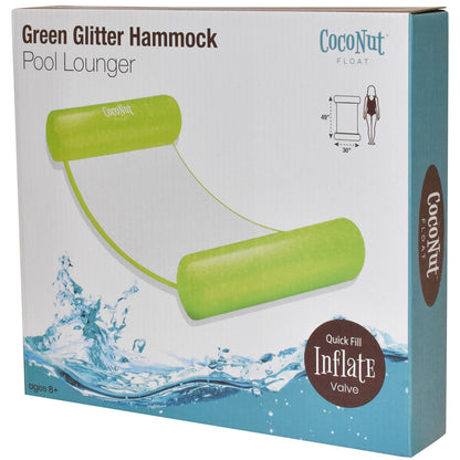 Green Glitter Hammock Pool Lounger package showing lime-green inflatable float with mesh hammock seat, dimensions 49" x 30", featuring quick-fill inflate valve