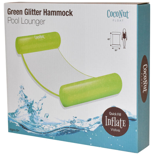 Green Glitter Hammock Pool Lounger package showing lime-green inflatable float with mesh hammock seat, dimensions 49" x 30", featuring quick-fill inflate valve