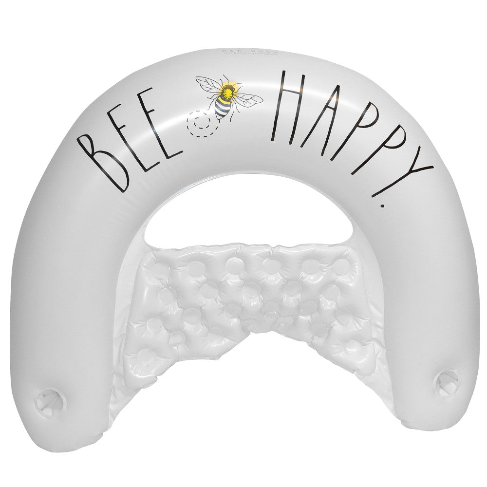 White inflatable pool float chair with 'BEE HAPPY' text and bee illustration on upper ring, textured center panel, U-shaped lounger design