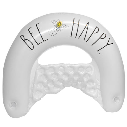 White inflatable pool float chair with 'BEE HAPPY' text and bee illustration on upper ring, textured center panel, U-shaped lounger design