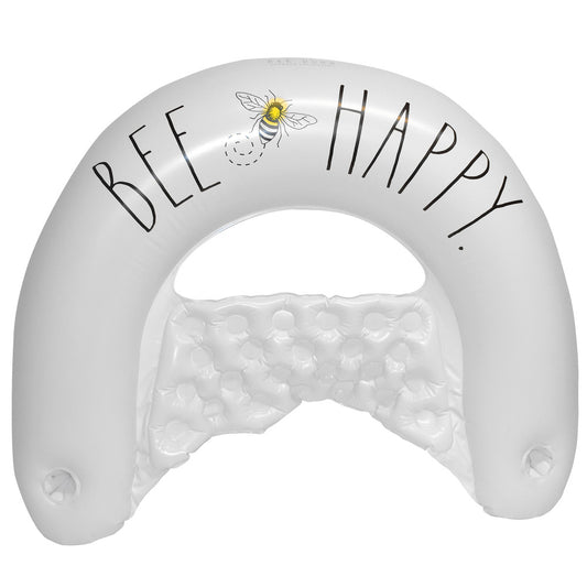 White inflatable pool float chair with 'BEE HAPPY' text and bee illustration on upper ring, textured center panel, U-shaped lounger design