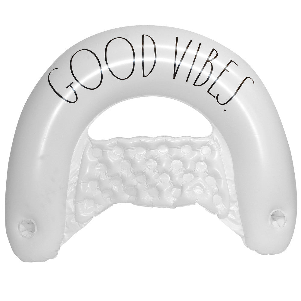 White inflatable pool lounger with "GOOD VIBES" text on curved top edge and bubble-filled interior, on plain background