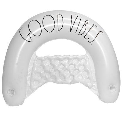 White inflatable pool lounger with "GOOD VIBES" text on curved top edge and bubble-filled interior, on plain background