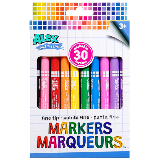 Alex: Art Of Fun – Fine Tip Markers 30 Pack - Washable & Non-Toxic, Vibrant Colors, Age 3+